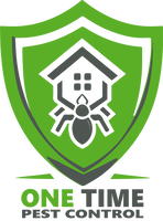 Logo Green Shield with grey accents and a home in the center with text saying onetime pest control