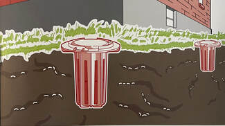 Graphic of termite bait station in in thr ground with termites around it